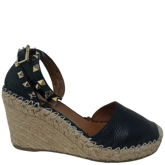 Valentino Shoes - Valentino Black Rockstud 85 Textured Leather Wedge Espadrille Sandals Size 36/6